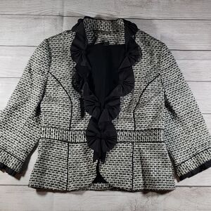 White House Black Market Black and White Tweed Blazer with Ruffled Detail